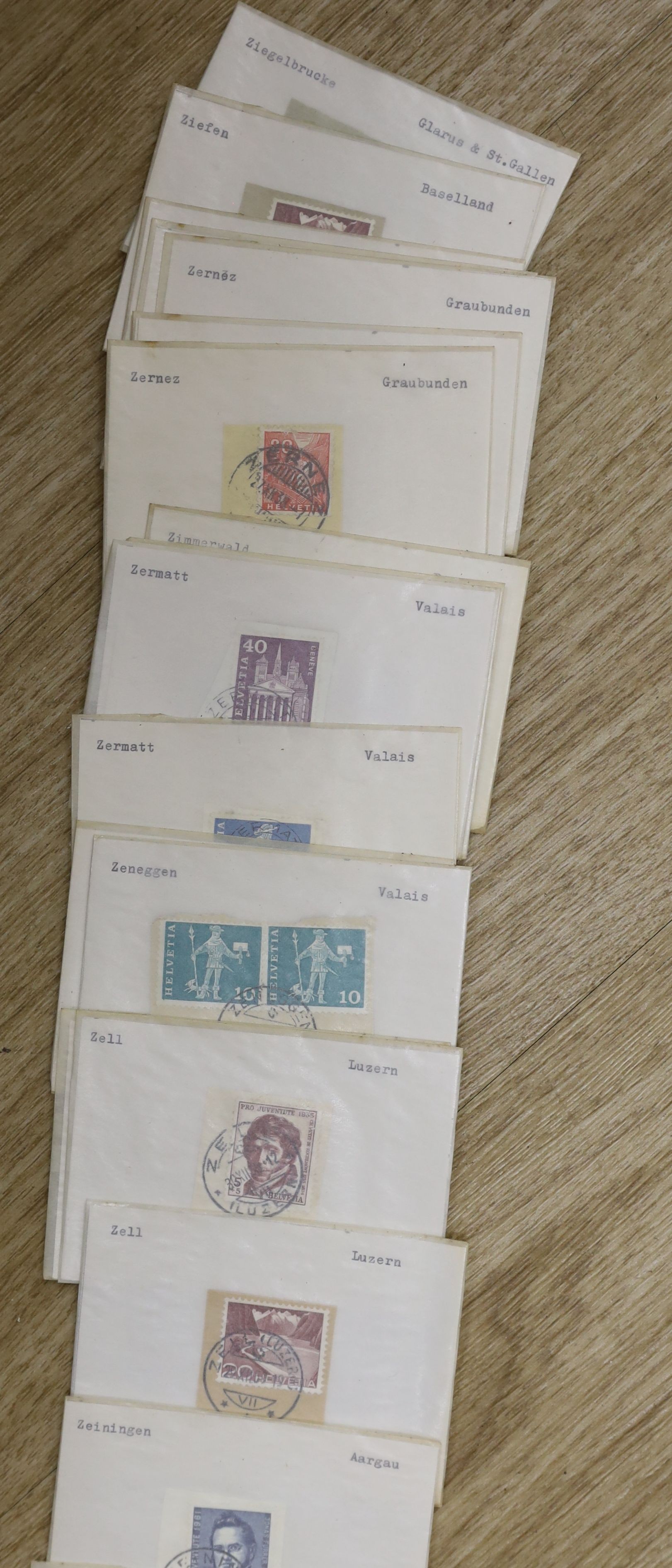 Switzerland postmarks on piece A-Z, mostly 1950's-60's in 16 file drawers, remarkable assembly looks like every post office operating at the time (two boxes)